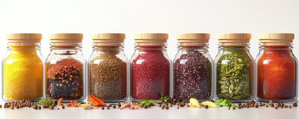 Colorful spices in glass jars showcase a variety of textures and flavors, perfect for enhancing culinary creations.