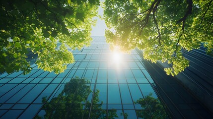 Modern glass building facade, lush green tree canopy, bright sunlight streaming through leaves, reflective blue windows, urban architecture, vibrant foliage, upward perspective.