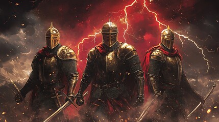 Naklejka premium Warriors of the Storm: Three Medieval Knights in Shining Armor Confronting a Dramatic Sky with Red and Gold Lightning - High-Resolution Epic Fantasy Image