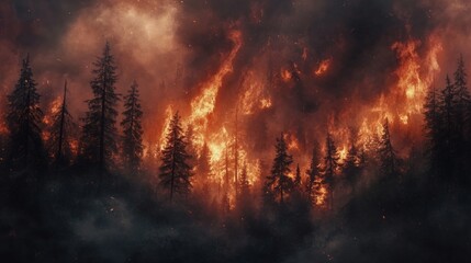 Naklejka premium Fiery Forest Inferno: A Dramatic Silhouette