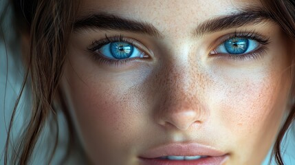 Fototapeta premium Close-up Portrait of a Woman with Blue Eyes and a Subtle Smile, Capturing the Essence of Natural Beauty and Grace