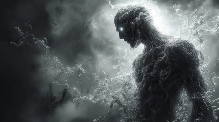 Obraz premium symbiotic superhero emerging from darkness tendrils of shadow coalescing into muscular form glistening black texture bioluminescent highlights ominous atmosphere with hints of urban decay
