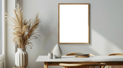 Elegant mock up frame in a modern dining area with light tones and pampas grass, isolated on transparent background, ideal for serene, minimalist interiors