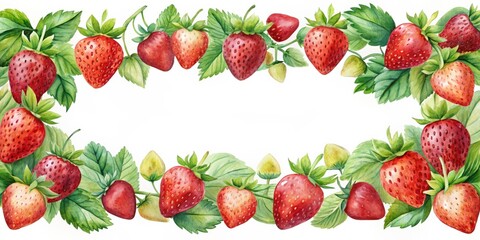 Watercolor clipart of a strawberry border , fruits, red, fresh, juicy, vibrant, watercolor,border, summer, seasonal, harvest
