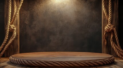 Rustic wooden stage with Western rope motif and warm lighting for vintage designs or classic thematic settings