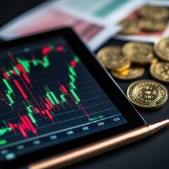 Close up of tablet monitor open trading graph with golden coin in the nearby. 