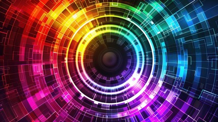 An abstract colorful background featuring a circular design with glowing lines and squares. The design appears to be a futuristic or technological representation.