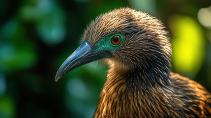 Fototapeta premium Detailed close-up of an exotic bird showcasing its vibrant plumage and striking eye against a blurred green background.