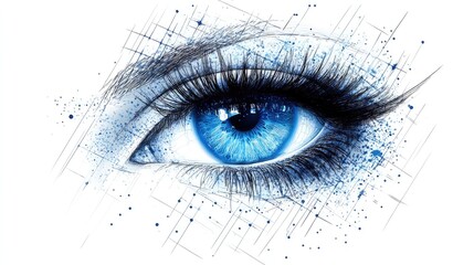 Detailed Blue Eye Illustration with Geometric Grid Lines and Lashes on White Background, Perfect for Medical, Scientific, and Artistic Themes in Creative Projects
