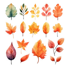 Obraz premium A collection of 18 watercolor autumn leaves in various colors and shapes, perfect for crafting, scrapbooking, and digital design projects.