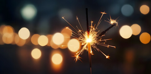 Glittering burning sparkler against blurred bokeh light background. New Year's Eve celebration