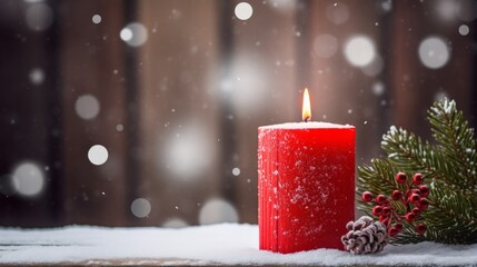 Burning candle and Christmas decoration over snow and wooden background. Neural network ai generated art