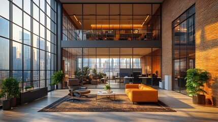 High-resolution 3D rendering of a two-storey loft office featuring a coworking space, glass doors, and skyscraper views through large windows.