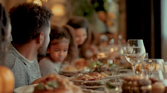 4K video of a family gathered around a table for Thanksgiving dinner, turkey, stuffing, festive, pumpkin pie