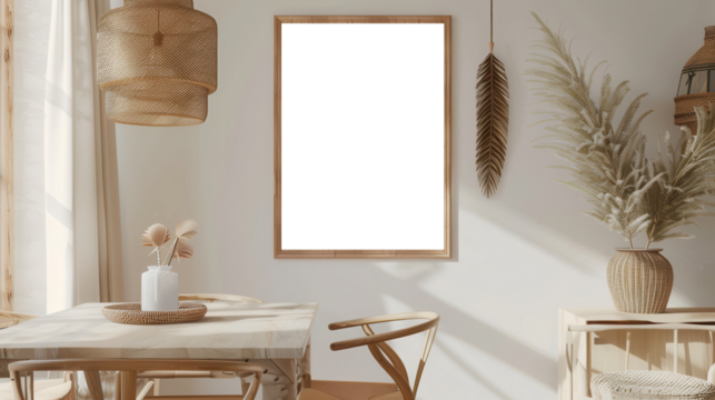 Neutral mock up frame in a cozy dining area with beige tones and soft lighting, isolated on transparent background, perfect for calm, inviting interiors