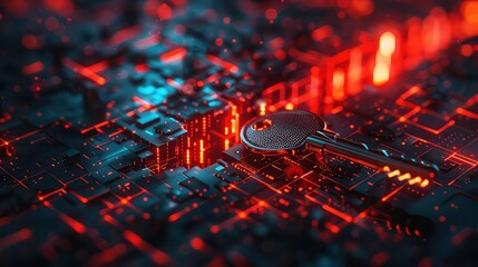 A close-up of a metallic key resting on a glowing abstract circuit board, representing digital security and access.
