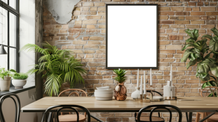Rustic mock up frame in an industrial dining area with exposed brick and dark tones, isolated on transparent background, perfect for urban, modern interiors