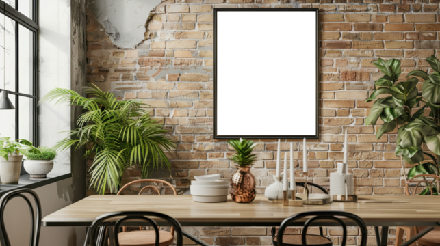 Rustic mock up frame in an industrial dining area with exposed brick and dark tones, isolated on transparent background, perfect for urban, modern interiors