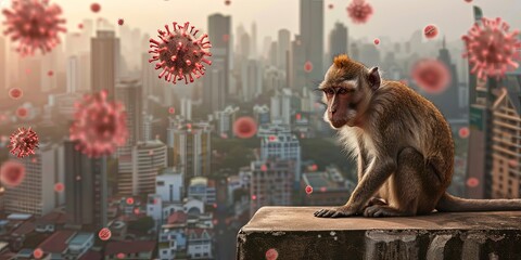 monkey pox - a monkey sits on the background of the city