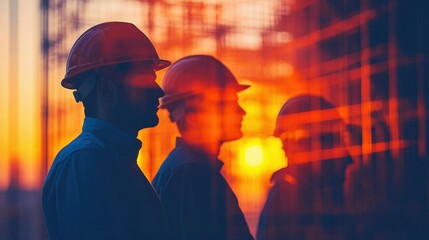 Road construction team meeting close up, focus on, copy space Collaborative and professional tones, Double exposure silhouette with hard hats