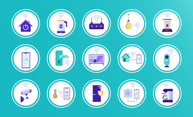 Various smart home device icons including a smart lock, smart thermostat, and smart camera on a teal background. Concept of home automation. Vector illustration