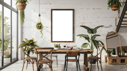 Urban mock up frame in a stylish dining area with exposed brick and industrial decor, isolated on transparent background, perfect for modern, chic interiors