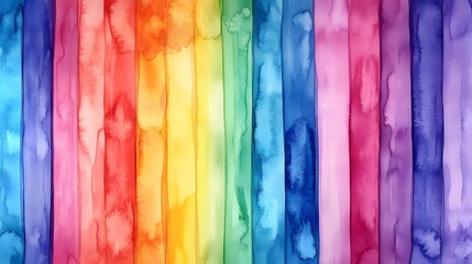 Vibrant watercolor stripes, full spectrum rainbow colors, vertical bands, blending hues, saturated pigments, bleeding edges, abstract art, colorful gradient, painterly texture.