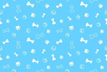 White Bone And Cat Or Dog Paw Pattern On Blue Background. Wallpaper. Vector Illustration