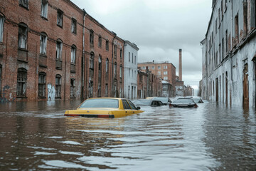 Flooded street with submerged cars and abandoned buildings in an urban area after heavy rainfall