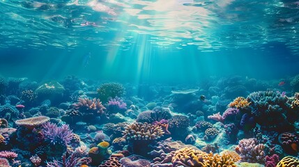 Breathtaking Underwater Coral Reef Ecosystem with Vibrant Marine Life and Sunlight