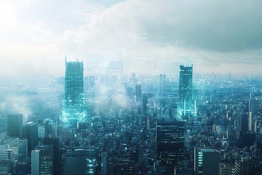 Futuristic cityscape with holographic tech overlay