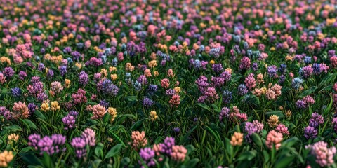 Fototapeta premium Vibrant Abstract Wildflower Field: Pointillism-Inspired Artwork with Vivid Colors and Dynamic Perspective. Seasonal Landscape Painting for Decorative Art, Gifts, and Botanical Enthusiasts. Elegant Min