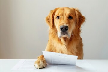 Dog carrying contract in paws. Golden retriever signing papers at table on white surface. Business animal concept photo with contract.