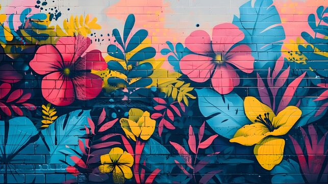 Vibrant Graffiti Mural with Diverse Cultural Elements on Urban Cityscape Background - Powered by Adobe