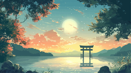 Beautiful vector illustration of a serene Japanese zen landscape, designed to evoke tranquility and peace