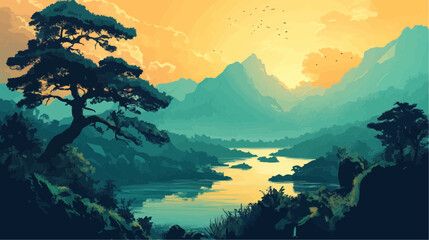 Beautiful vector illustration of a serene Japanese zen landscape, designed to evoke tranquility and peace
