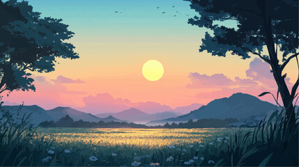 Beautiful vector illustration of a serene Japanese zen landscape, designed to evoke tranquility and peace