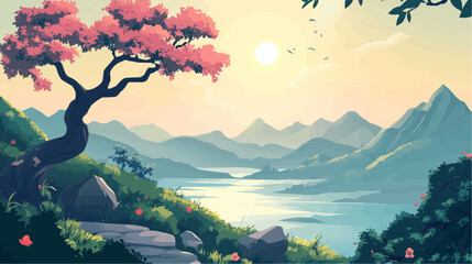 Beautiful vector illustration of a serene Japanese zen landscape, designed to evoke tranquility and peace