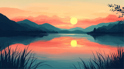 Beautiful vector illustration of a serene Japanese zen landscape, designed to evoke tranquility and peace