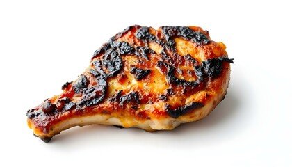 A perfectly seared pork chop, charred on the edges, with juices glistening, isolated on a clean white background