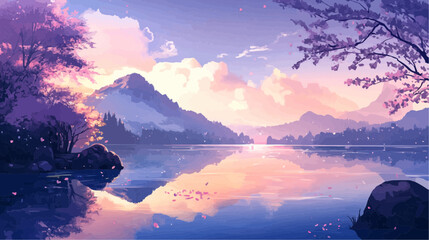 Beautiful vector illustration of a serene Japanese zen landscape, designed to evoke tranquility and peace