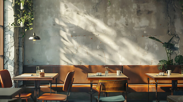 Empty tables at a cozy cafe bathed in warm sunlight, creating a relaxed and inviting atmosphere.