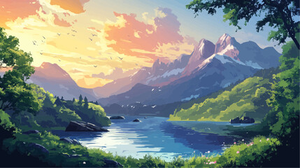 Beautiful vector illustration of a serene Japanese zen landscape, designed to evoke tranquility and peace