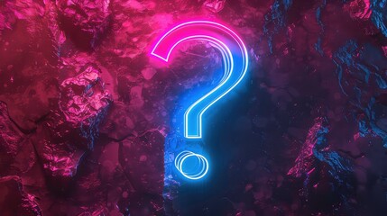 A bright neon question mark stands out against a dark, textured background. The question mark is glowing with a vibrant purple and blue hue. Generative AI