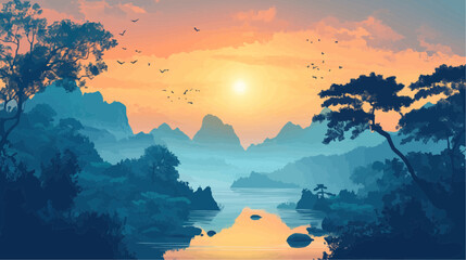 Beautiful vector illustration of a serene Japanese zen landscape, designed to evoke tranquility and peace