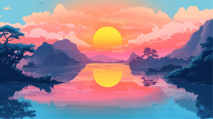 Beautiful vector illustration of a serene Japanese zen landscape, designed to evoke tranquility and peace