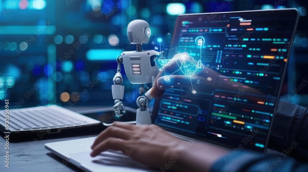 Wall mural man uses laptop to search smart open artificial intelligence technology or artificial intelligence w
