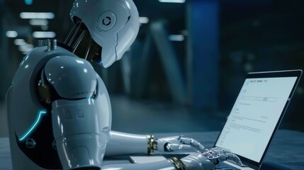 Fototapeta premium man uses laptop to search smart open artificial intelligence technology or artificial intelligence with artificial intelligence chatbot.