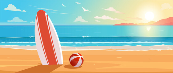 A surfboard and beach ball on a sandy beach with a calm ocean and sunset in the background. Seagulls fly in the sky with fluffy clouds. Concept of summer vacation. Vector illustration