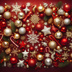 Red Christmas Background with Many Balls and Snowflakes